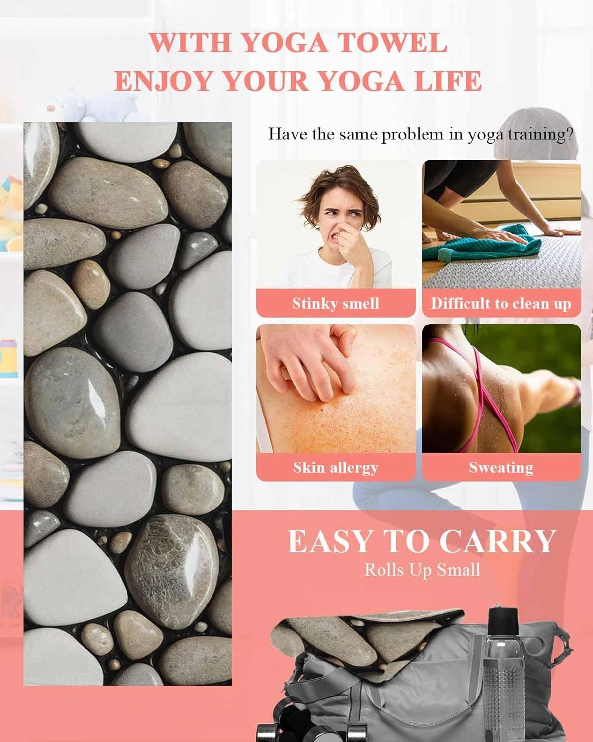 Yoga Towel with Corner Pockets Natural Riverbed Village Pebbles Black and White Sweat Absorbent Lightweight Soft Yoga Blanket 26"x74" Hot Yoga Towels for Gym Fitness Workout