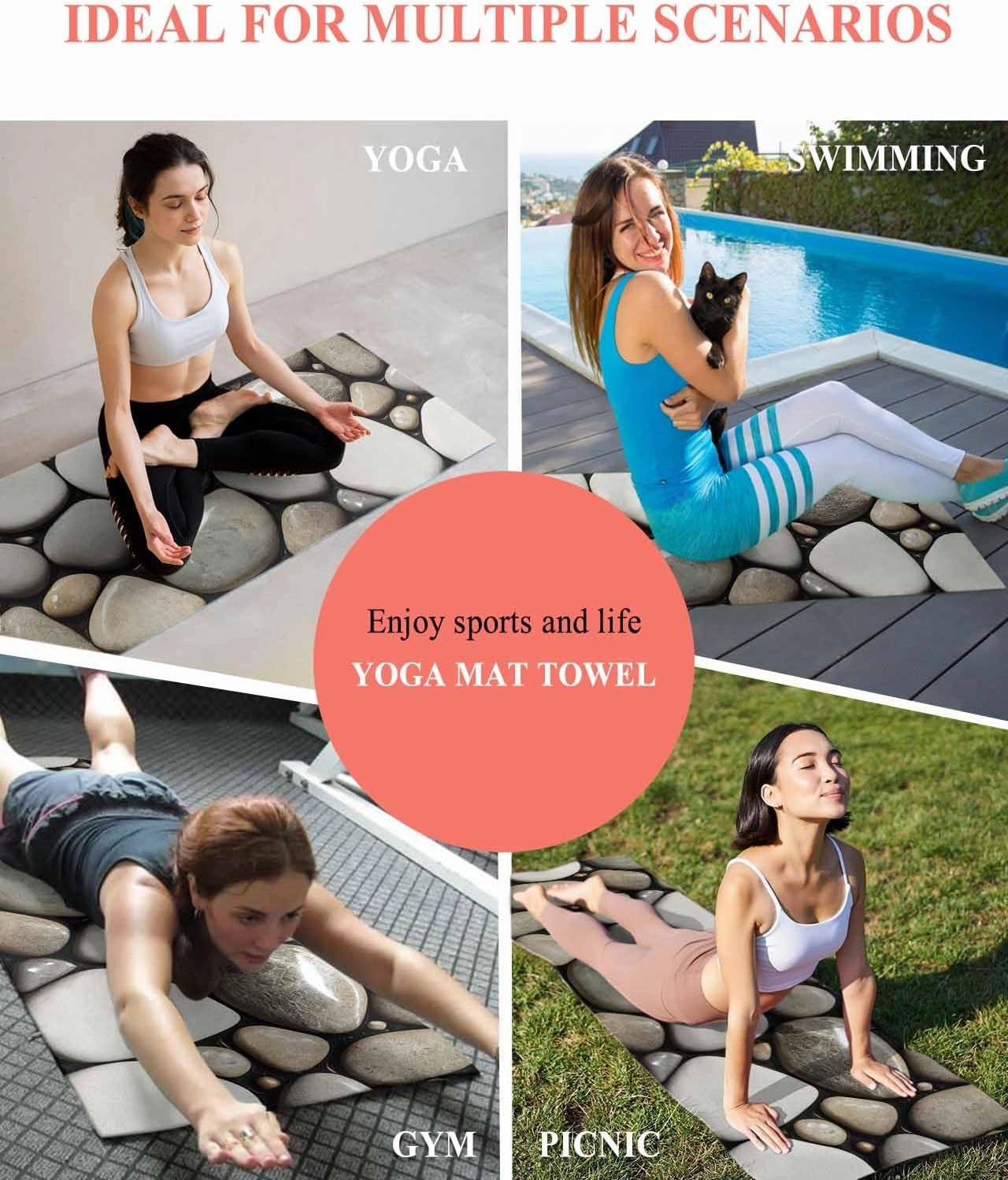 Yoga Towel with Corner Pockets Natural Riverbed Village Pebbles Black and White Sweat Absorbent Lightweight Soft Yoga Blanket 26"x74" Hot Yoga Towels for Gym Fitness Workout