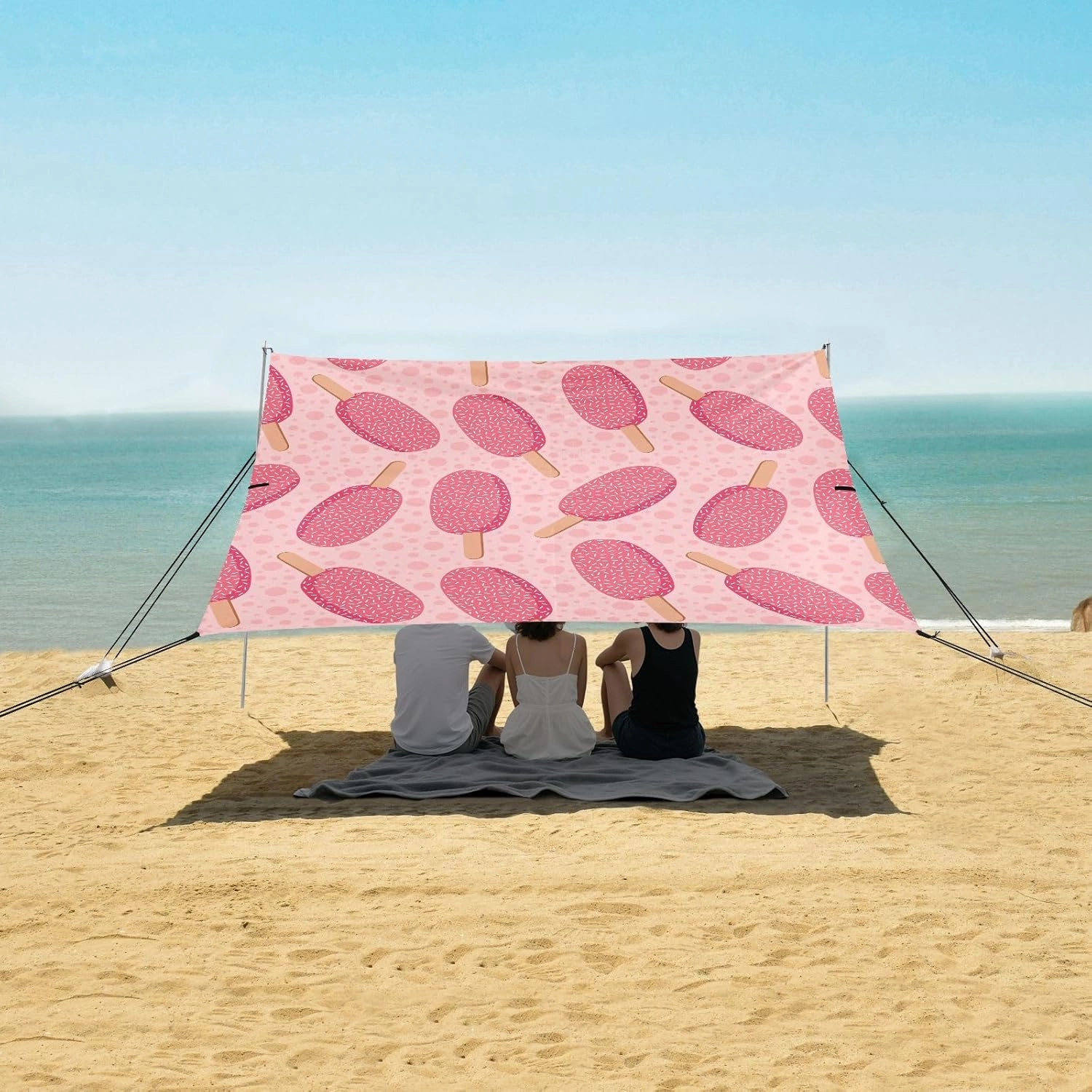 Yummy Pink Ice Lolly Beach Canopy Tent Anti-UV & Wind Resistant, Camping Sun Shelter Easy Setup Portable,Outdoor Shade Tents with Sandbags,Sand Shovels,Ground Pegs & Stability Poles