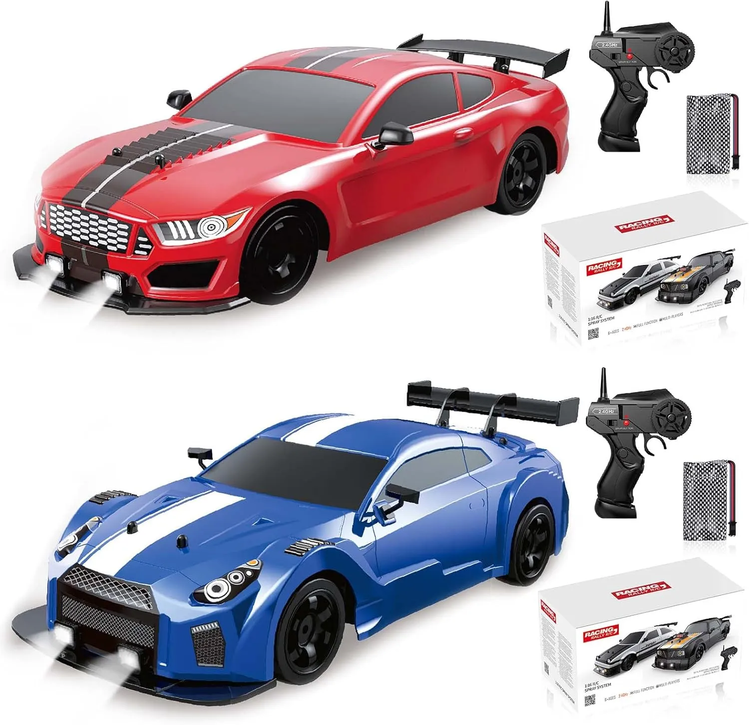 YUZ 2PCS Remote Control Car RC Drift Car 1/16 Scale 4WD 18KM/H High Speed RC Car 2.4GHz with LED Lights Spray Racing Toy Car for Adults Boys Girls Kids Birthday Rechargeable Batteries