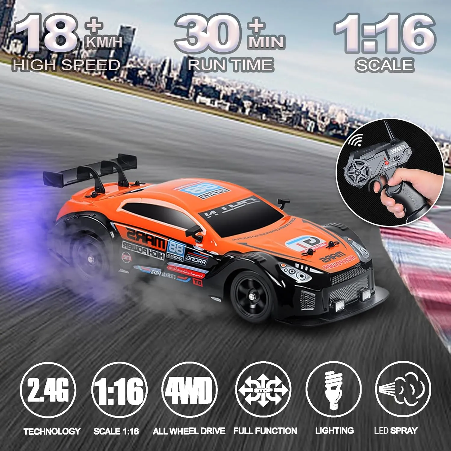 YUZ RC Car RC Drift Car 1/16 Scale 2.4GHz 4WD 18KM/H High Speed Remote Control Car with LED Lights Spray Racing Toy Car for Adults Boys Girls Kids Gift Rechargeable Batterie Drifting Tires