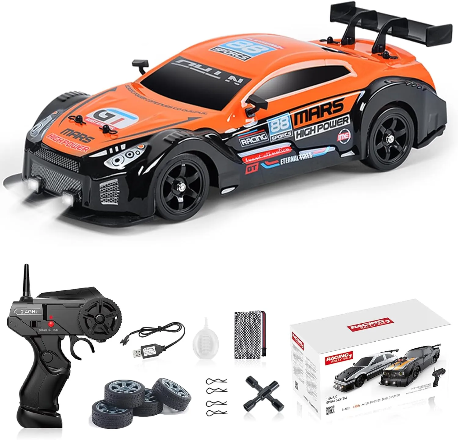 YUZ RC Car RC Drift Car 1/16 Scale 2.4GHz 4WD 18KM/H High Speed Remote Control Car with LED Lights Spray Racing Toy Car for Adults Boys Girls Kids Gift Rechargeable Batterie Drifting Tires
