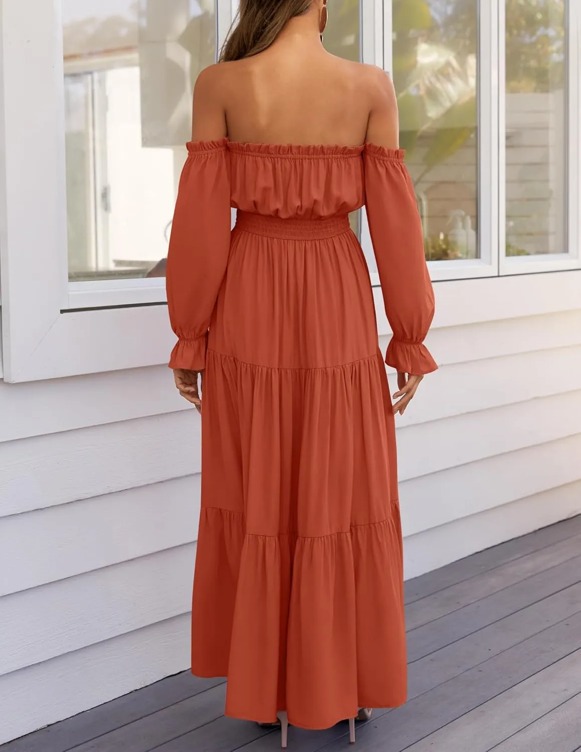 ZESICA Women's 2025 Boho Sexy Off Shoulder Long Sleeve Smocked High Waist Side Split Flowy A Line Tiered Long Maxi Dress