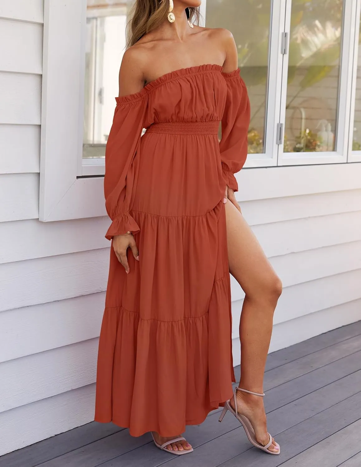 ZESICA Women's 2025 Boho Sexy Off Shoulder Long Sleeve Smocked High Waist Side Split Flowy A Line Tiered Long Maxi Dress