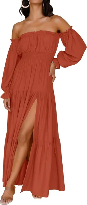 ZESICA Women's 2025 Boho Sexy Off Shoulder Long Sleeve Smocked High Waist Side Split Flowy A Line Tiered Long Maxi Dress