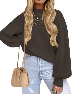 ZESICA Women's Casual Turtleneck Long Lantern Sleeve Oversized Ribbed Knit Pullover Sweater Jumper Top
