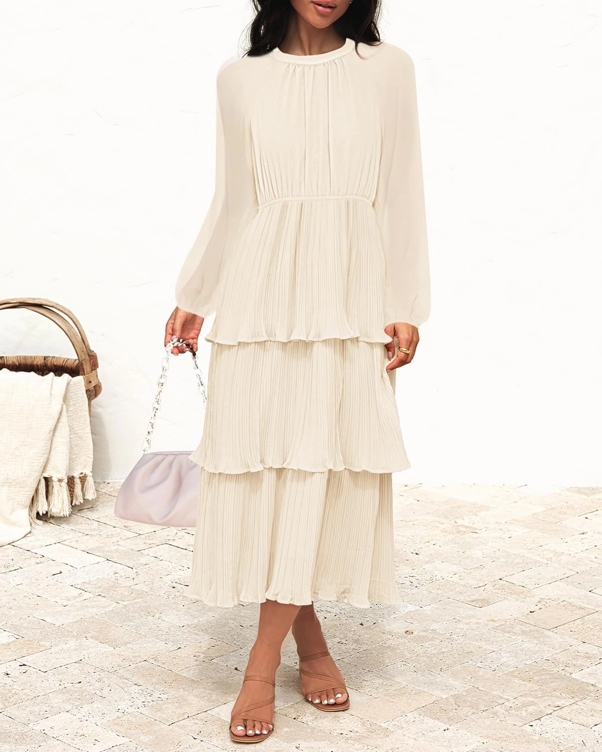 ZESICA Women's 2025 Long Sleeve Crew Neck Ruffle Tiered Layered Chiffon Flowy Swing 2025 Long Midi Dress