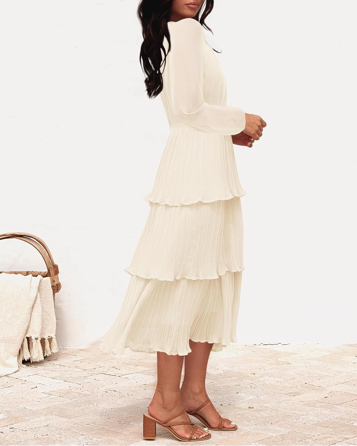 ZESICA Women's 2025 Long Sleeve Crew Neck Ruffle Tiered Layered Chiffon Flowy Swing 2025 Long Midi Dress