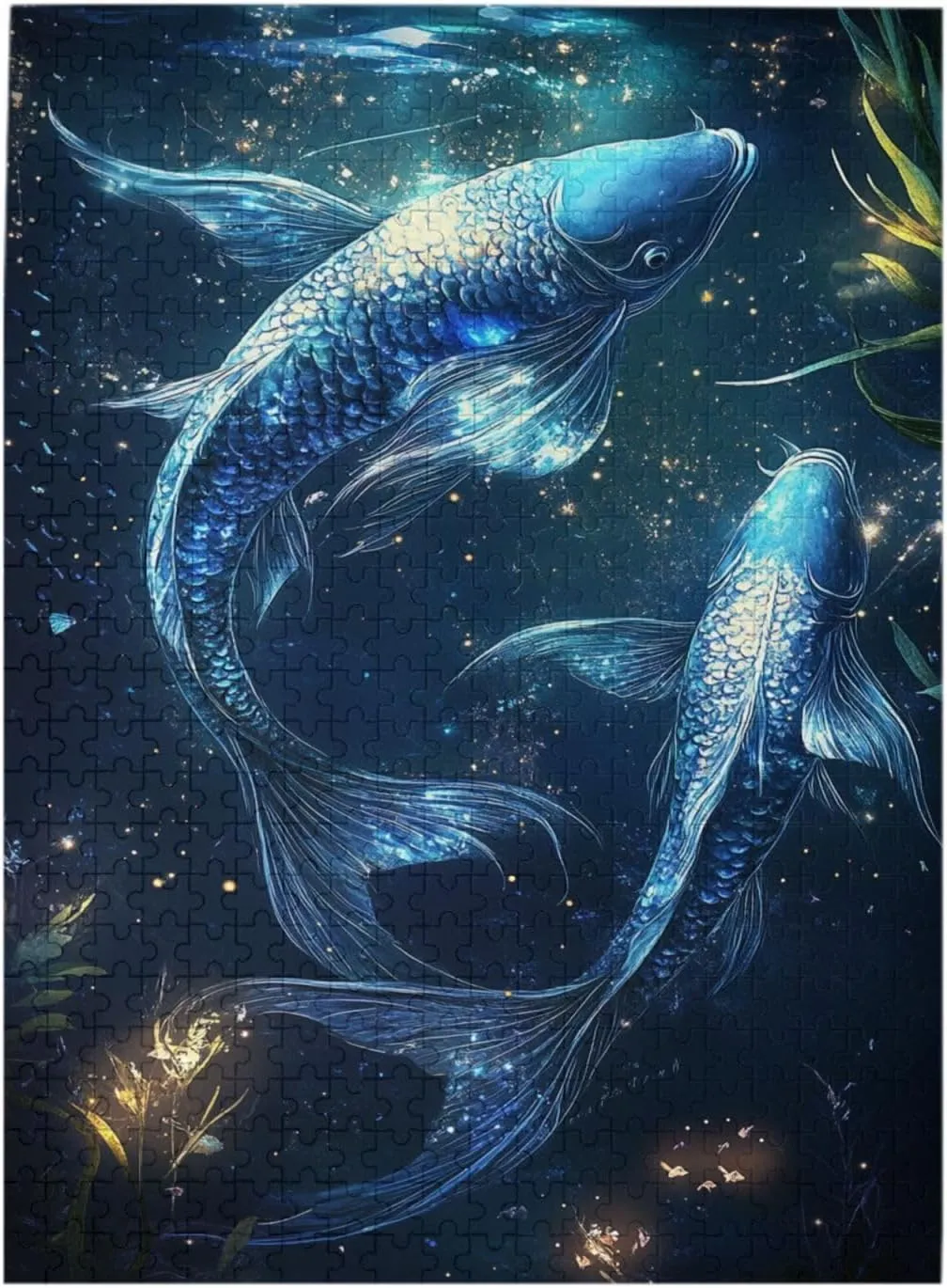 Zodiac Soulmates Jigsaw Puzzles For Adults 500 Pieces, Twin Fish Connected By Stardust In Deep Blue Universe,Whimsical Wooden Jigsaw Pieces.Enjoy The Puzzle Solving Process