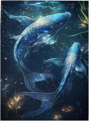 Zodiac Soulmates Jigsaw Puzzles For Adults 500 Pieces, Twin Fish Connected By Stardust In Deep Blue Universe,Whimsical Wooden Jigsaw Pieces.Enjoy The Puzzle Solving Process